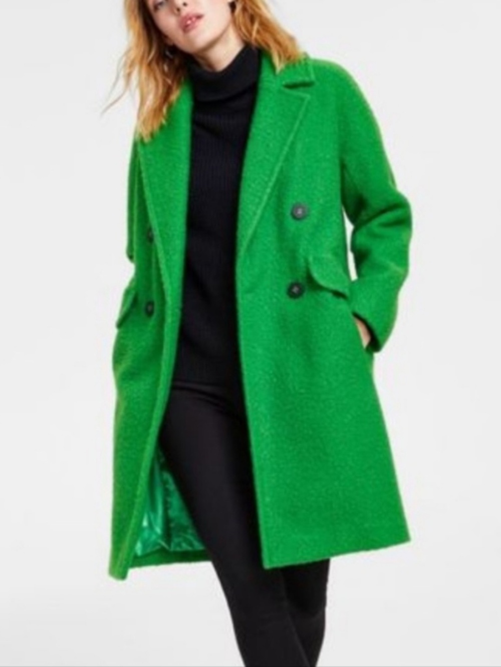 BCBGeneration Kelly Green Boucle XS Oversized Double Breasted Statement Coat